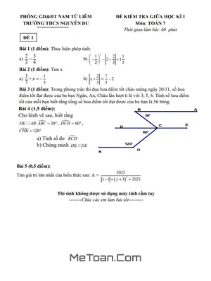Đề thi giữa kì 1 Toán 7 năm 2021 - 2022 trường THCS Nguyễn Du - Hà Nội