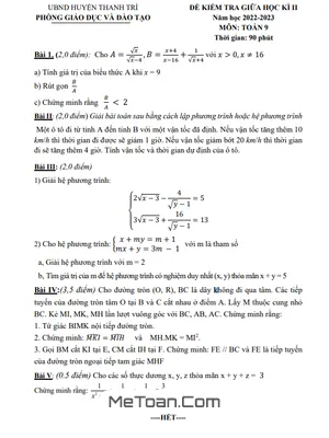 Đề thi giữa kì 2 Toán 9 năm 2022 - 2023 phòng GD&ĐT Thanh Trì - Hà Nội