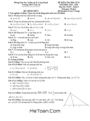 Đề thi HK2 Toán 8 năm 2018 - 2019 trường THCS Tam An - Đồng Nai