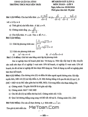 Đề khảo sát chất lượng lần 1 Toán 9 năm 2023 - 2024 trường THCS Nguyễn Trãi - Hà Nội