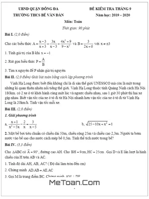 Đề thi Toán lớp 9 tháng 9 năm 2019 - 2020 trường THCS Bế Văn Đàn - Hà Nội