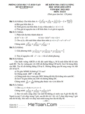 Đề thi học sinh giỏi Toán 8 năm 2022 - 2023 phòng GD&ĐT Bình Lục - Hà Nam