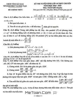 Đề Thi Vào Lớp 10 Chuyên Toán Hà Nam Năm 2024 - 2025