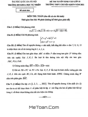 Đề thi Tuyển Sinh Lớp 10 Chuyên KHTN Hà Nội Năm 2021