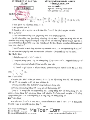 Đề Thi Tuyển Sinh Lớp 10 Môn Toán Hà Nội Năm 2019 - 2020