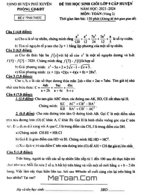 Đề thi học sinh giỏi Toán 9 năm 2023 - 2024 phòng GD&ĐT Phú Xuyên - Hà Nội (Vòng 2)