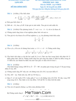 Đề thi chọn HSG tỉnh Toán 9 năm học 2019 - 2020 sở GD&ĐT Lạng Sơn