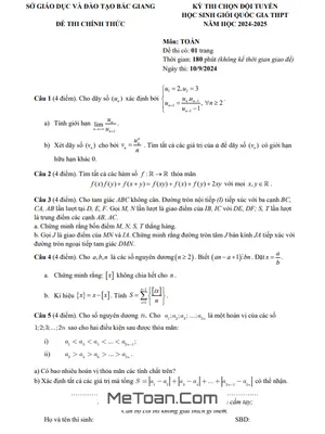 Đề chọn đội tuyển HSG Quốc gia môn Toán THPT 2024-2025 Sở GD&ĐT Bắc Giang