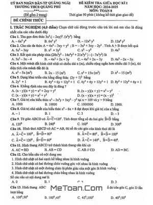 Đề giữa kì 1 Toán 8 năm 2024 - 2025 trường THCS Quảng Phú - Quảng Ngãi