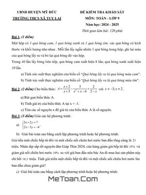 Đề khảo sát Toán 9 năm 2024 - 2025 trường THCS Tuy Lai - Hà Nội