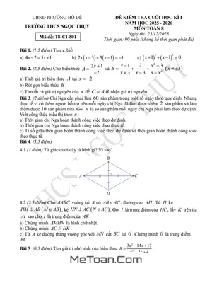 Đề Kiểm Tra Học Kỳ 1 Toán 8 Năm 2025 - 2026 Tại THCS Ngọc Thụy, Hà Nội