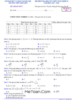 Đề kiểm tra học kì 1 Toán 10 năm 2019 - 2020 trường THPT Kim Liên - Hà Nội