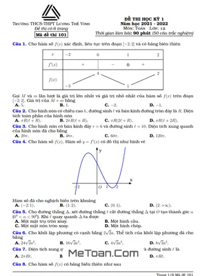 Đề thi học kỳ 1 Toán 12 năm 2021 - 2022 trường Lương Thế Vinh - Hà Nội