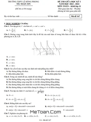 Đề Thi Giữa Kì 1 Toán 11 Năm 2023 - 2024 Trường THPT Lê Hồng Phong - Đắk Lắk (Có Đáp Án)