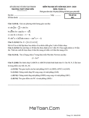 Đề thi học kì 1 Toán 11 năm 2019 - 2020 trường THPT Vĩnh Viễn - TP.HCM