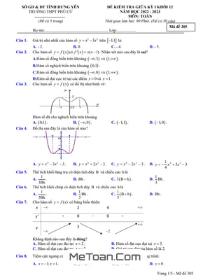 Đề thi giữa kỳ 1 Toán 12 năm 2022 - 2023 trường THPT Phù Cừ - Hưng Yên