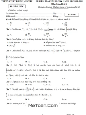 Đề thi Toán 12 cuối kỳ 2 năm 2022 - 2023 trường THPT Hoàng Văn Thụ - Khánh Hòa (có đáp án)
