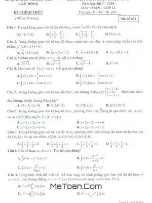 Đề kiểm tra chất lượng HK2 Toán 12 năm học 2017 - 2018 sở GD&ĐT Lâm Đồng