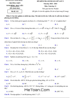 Đề GK2 Toán 11 Năm 2023 - 2024 Trường THPT Ninh Bình - Bạc Liêu - Ninh Bình