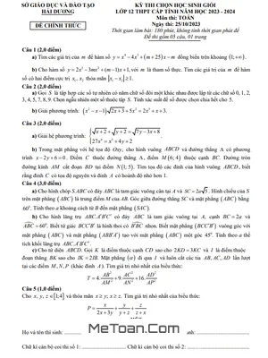 Đề thi chọn HSG Toán 12 THPT cấp tỉnh năm 2023 - 2024 sở GD&ĐT Hải Dương