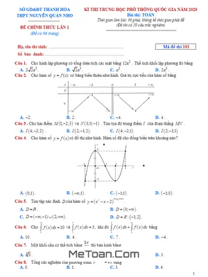 Đề thi thử Toán THPT QG 2020 lần 1 trường Nguyễn Quán Nho – Thanh Hóa có đáp án