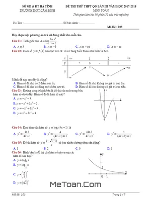 Đề thi thử Toán THPTQG 2018 trường THPT Cẩm Bình – Hà Tĩnh lần 3 có đáp án