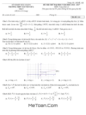 Bộ Đề Thi Thử THPT Quốc Gia Môn Toán Trường THPT Tân Yên 1 - Bắc Giang Năm 2017