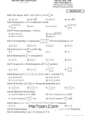 Đề Thi Thử THPT 2020 Lần 3 Môn Toán 10 Trường THPT Ngô Sĩ Liên - Bắc Giang