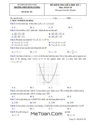 Đề thi giữa HK1 Toán 10 năm 2020 - 2021 trường THPT Hùng Vương - Quảng Nam