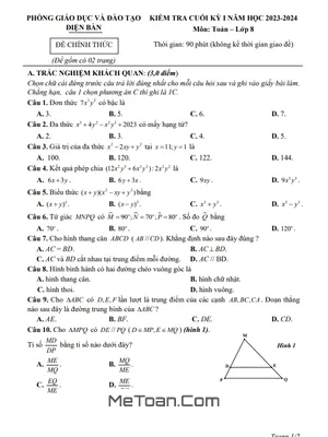 Đề thi học kì 1 Toán 8 năm 2023 - 2024 phòng GD&ĐT Điện Bàn - Quảng Nam