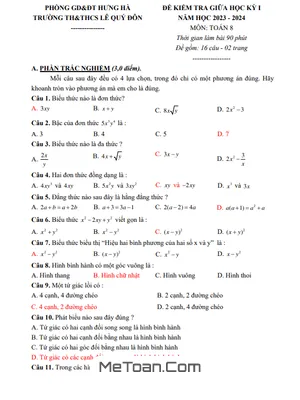 Đề giữa học kỳ 1 Toán 8 năm 2023 - 2024 trường TH&THCS Lê Quý Đôn - Thái Bình