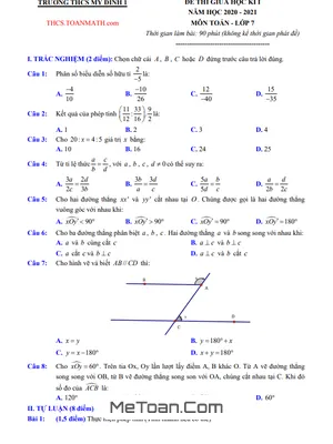 Đề thi giữa kì 1 Toán 7 năm 2020 - 2021 trường THCS Mỹ Đình 1 - Hà Nội