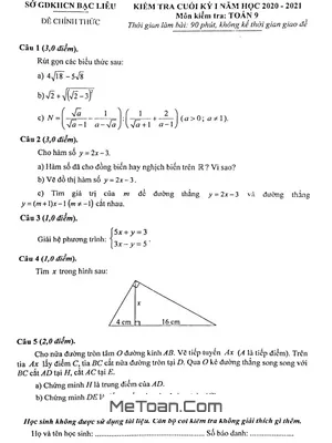 Đề thi học kì 1 Toán 9 năm 2020 - 2021 Sở GD&ĐT Bạc Liêu