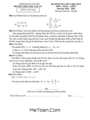 Đề thi giữa kì 2 Toán 9 năm 2022 - 2023 trường THCS Chu Văn An - Hà Nội