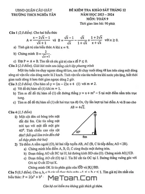 Đề khảo sát Toán 9 tháng 12 năm 2023 trường THCS Nghĩa Tân - Hà Nội