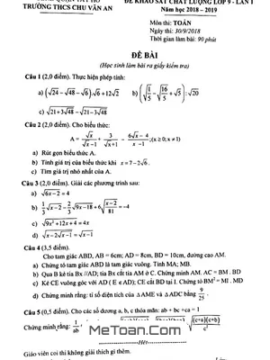 Đề khảo sát chất lượng Toán 9 năm 2018 - 2019 trường THCS Chu Văn An - Hà Nội (Lần 1)