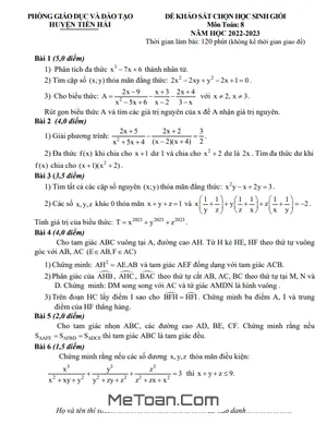 Đề thi học sinh giỏi Toán 8 năm 2022 - 2023 phòng GD&ĐT Tiền Hải - Thái Bình