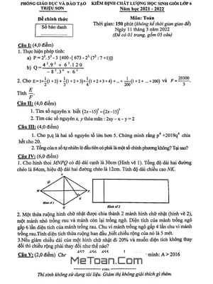 Đề thi học sinh giỏi Toán 6 năm 2021 - 2022 phòng GD&ĐT Triệu Sơn - Thanh Hóa