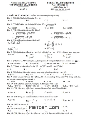 Đề thi giữa học kỳ 1 Toán 9 năm 2023 - 2024 trường THCS Quang Thịnh - Bắc Giang