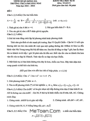 Đề thi học kì 2 Toán 9 năm 2021 - 2022 trường THCS Phương Mai - Hà Nội