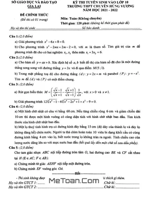 Đề thi vào 10 môn Toán trường chuyên Hùng Vương - Gia Lai năm 2021 - 2022