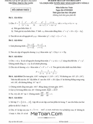 Đề chọn đội tuyển HSG Toán 9 vòng 1 năm 2023 – 2024 trường THCS Cầu Giấy – Hà Nội