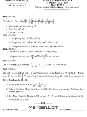 Đề thi học sinh giỏi huyện Toán 9 năm 2019 - 2020 phòng GD&ĐT Nghi Lộc - Nghệ An