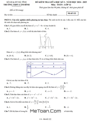 Đề giữa học kỳ 1 Toán 12 năm 2024 - 2025 trường THPT Cẩm Bình - Hà Tĩnh