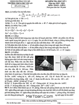 Đề Thi Cuối Học Kỳ 1 Toán 8 Trường THCS Chu Văn An - Hà Nội Năm Học 2025 - 2026