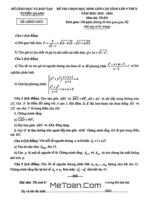 Đề Thi Chọn Học Sinh Giỏi Cấp Tỉnh Môn Toán Lớp 9 Năm Học 2025-2026 Sở GD&ĐT Tuyên Quang