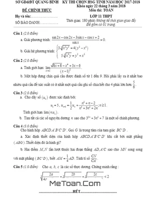 Đề thi chọn HSG tỉnh Toán 11 năm 2017 - 2018 sở GD&ĐT Quảng Bình