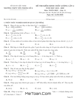 Đề Kiểm Định Chất Lượng Toán 11 Lần 2 Năm 2019 - 2020 Trường THPT Yên Phong 2 - Bắc Ninh
