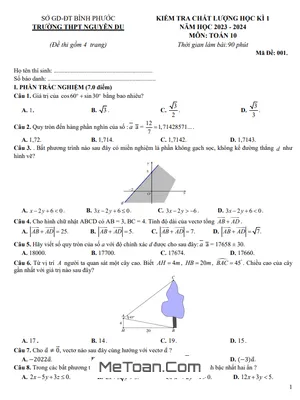 Đề thi học kì 1 Toán 10 năm 2023 - 2024 trường THPT Nguyễn Du - Bình Phước