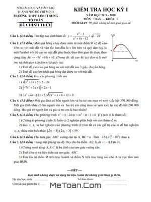 Đề thi học kì 1 Toán 10 năm 2019 - 2020 trường THPT Linh Trung - TP HCM